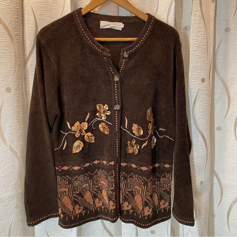 Unique Intl Floral Embroidered Cardigan Sweater Women's M/M Brown Button‎ Front